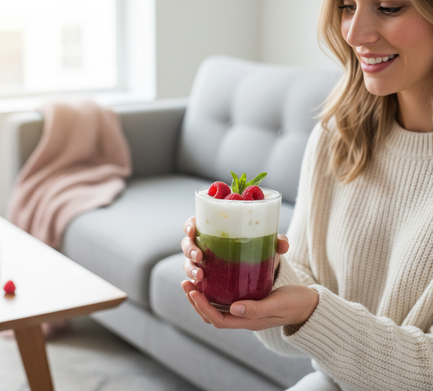 Raspberry Matcha Latte z malinową matchą Leo Tea – owocowy, kremowy napój w szklance